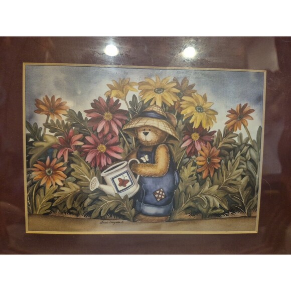 HAND CRAFTED WOODEN BASKET K&L WOODWORKS WITH SIGNED TEDDY GARDENING PRINT WALL - Picture 2 of 10